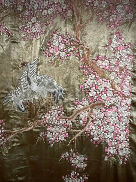 Antique Silk Embroidered Tapestry Wallhanging with Cherry Blossom & Storks: Japanese Meiji Period C19th Century. 223 x 175cm