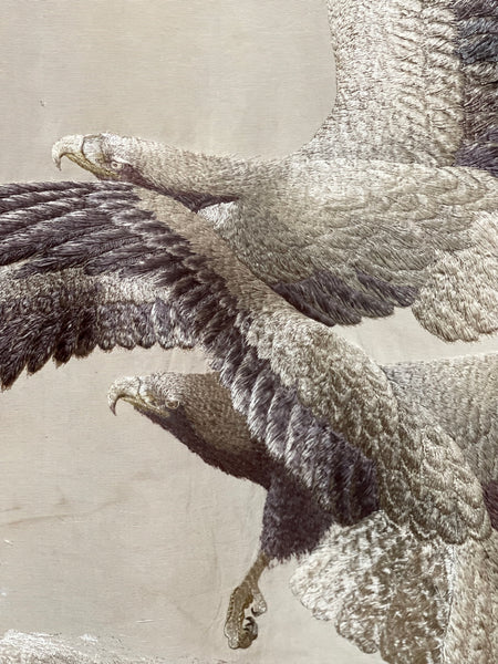 Museum Worthy Silk Embroidered Wallhanging with Waves Auspicious Sea Hawks: C19th Meiji Period, Japan.