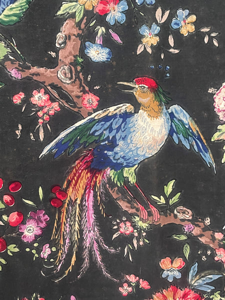 Original Antique Block Printed Chintz with Birds of Paradise and Florals: Late 18th early 19th century