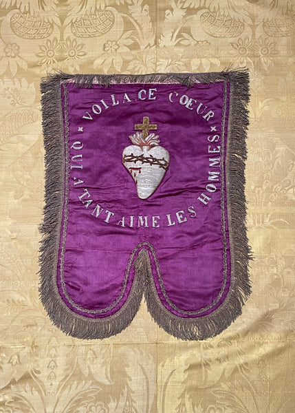 Antique Silk Embroidered Ecclesiastical Wallhanging Banner with Stumpwork Heart: C19th France