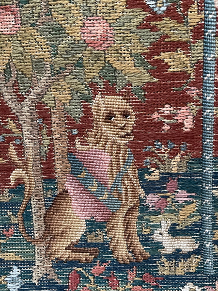 Antique Needlepoint Embroidered Tapestry Lady and The Unicorn: C20th Britain