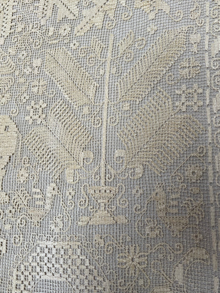 Antique Early Figurative Filet Lace Curtain Mythological Beasts Birds Tree of Life Hand Embroidered: C18th Italy