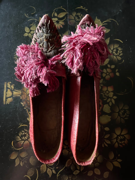 Antique Ottoman Child’s Embroidered Leather Shoes with Silk Pom Poms: C19th Turkey