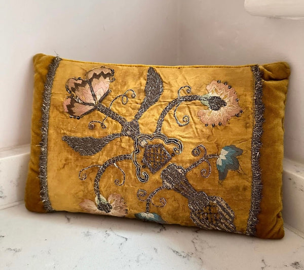 Antique Yellow Ochre Velvet Cushion with 18th Century Gilt Thread Embroidery: C18th Europe