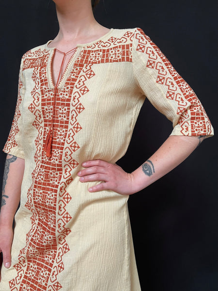 Hand Embroidered Cross Stitch Cheesecloth Dress: C20th Europe