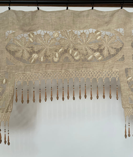 Antique Richelieu Hand Embroidered Pelmet or Café Curtain with Carved Beaded Fringe: C1900 France