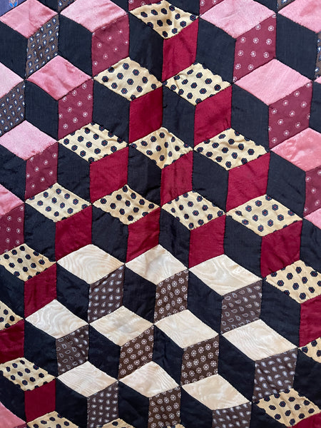 Antique Handmade Tumbling Blocks Silk Patchwork Quilt made with Cravat & Scarf Silks: C1910/20 Britain