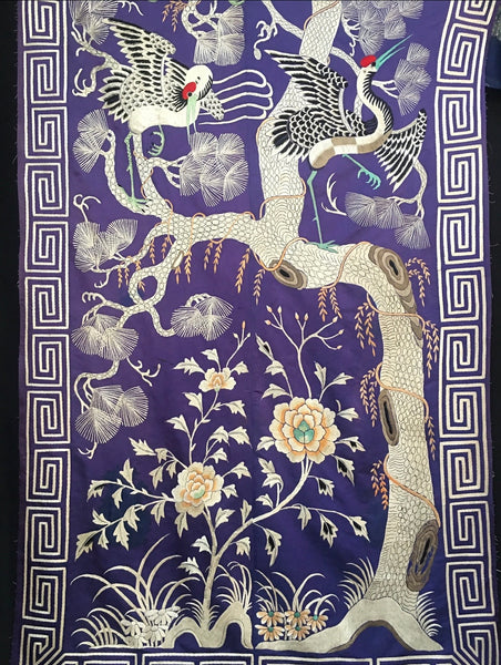 Fine Antique Silk Embroidered Tree of Life Wall Hanging with Cranes: Qing Dynasty, China