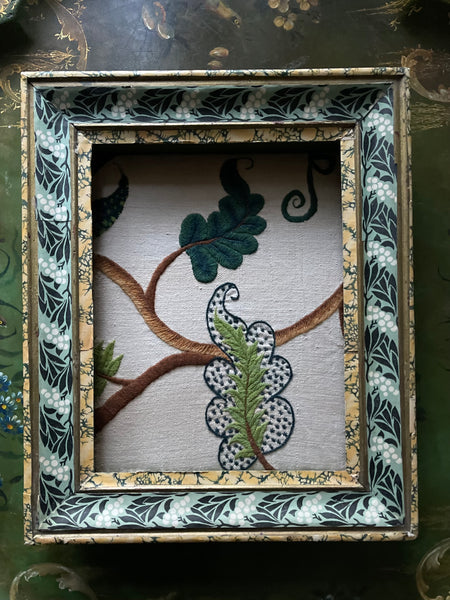 Antique Crewelwork Embroidery in French Hand Painted Wallpaper Covered Frame: C18th England