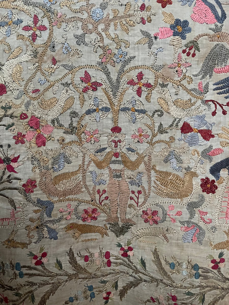 Antique Traditional Greek Island Embroidered Panel with Figures, Animals, Birds: C18th/19th Crete