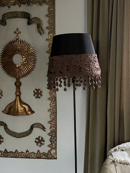 Bespoke Lampshade with Art Deco Cutwork Embroidered Border with Pom Pom Trim: C1920s France