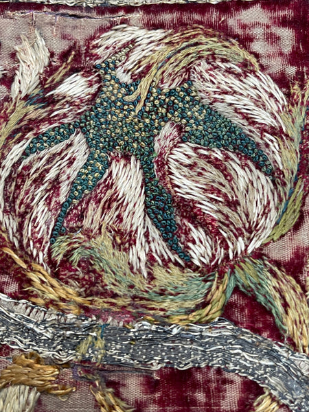 Early Silk and Metal Thread Embroidered Velvet Panel with Peacock and Flowers: C17th Italy or Spain