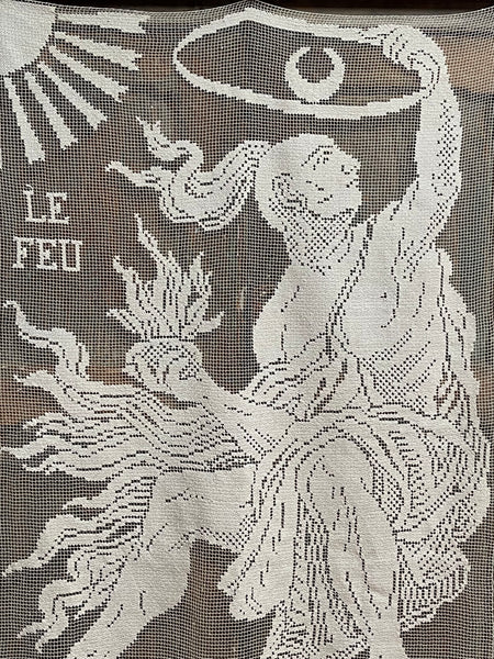 Art Nouveau Hand Embroidered Filet Lace Hangings Elements L’Air Le Feu: C1912, France