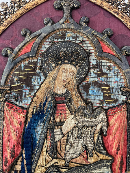Antique Orphery Embroidery with Mary Queen of Heaven in Gothic Frame: Late C18th / 19th Century England