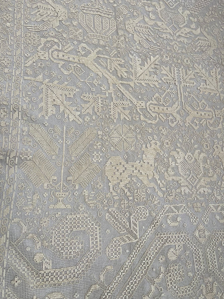 Antique Early Figurative Filet Lace Curtain Mythological Beasts Birds Tree of Life Hand Embroidered: C18th Italy