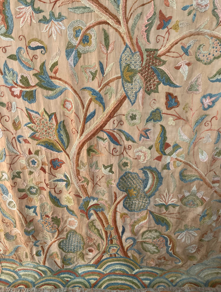 Antique Jacobean Revival Tree of Life Crewelwork Wall Hanging: C1900 Kashmir, India