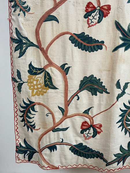 Original Antique Crewelwork Embroidered Bed Hanging: C18th Britain
