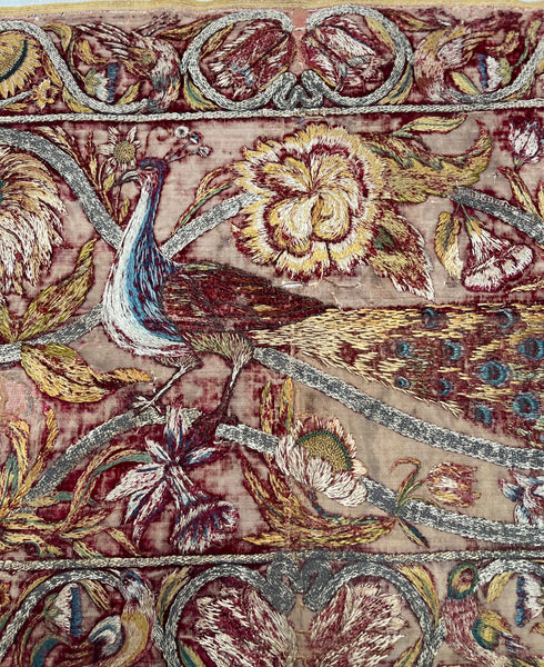 Early Silk and Metal Thread Embroidered Velvet Panel with Peacock and Flowers: C17th Italy or Spain