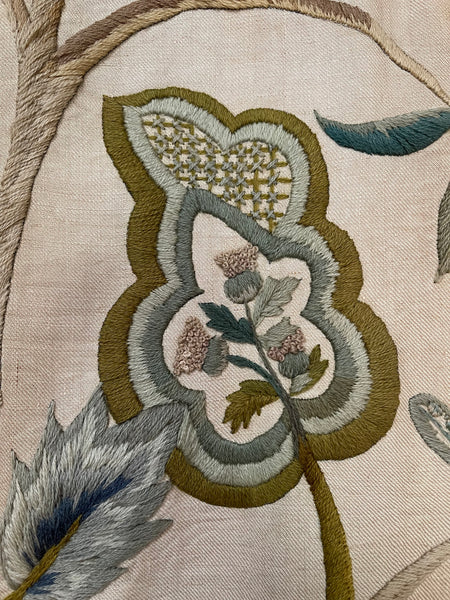 Antique Jacobean Revival Crewelwork Embroidered Wallhanging: C1900 England