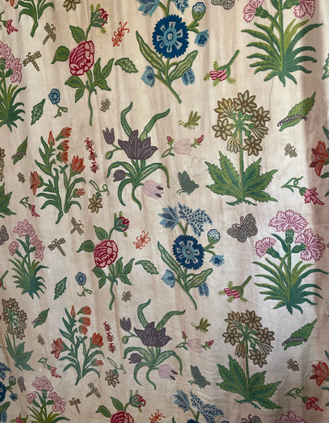 Vintage Jacobean Revival Crewelwork Embroidered Bedcover Quilt: C1970s Kashmir, India for export. 200cm x 220cm