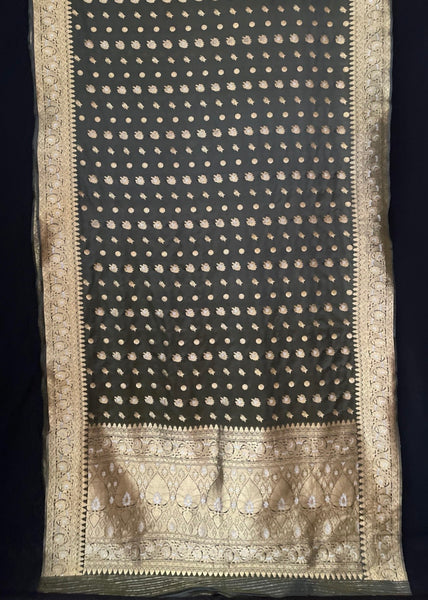 Antique Olive Green & Gold Traditional Silk Brocade Sari: C20th India