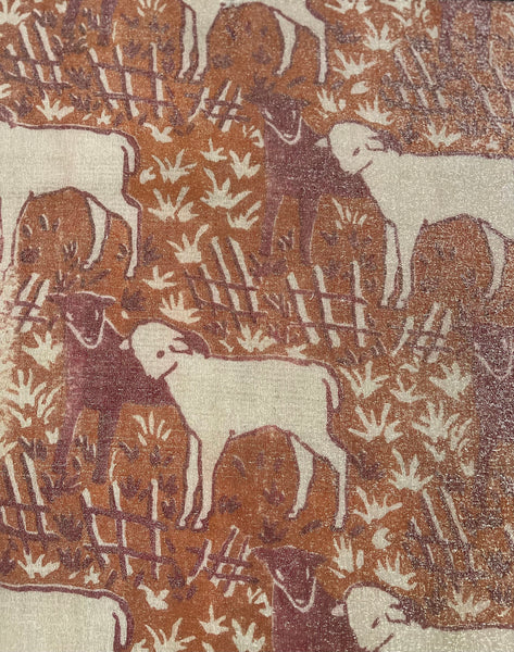 Antique Arts and Crafts Block Printed Lamé with Lambs: C1910/20 Britain