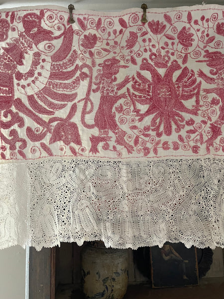 Traditional Folk Embroidered Pelmet with Birds & Lions: C19th The Balkans