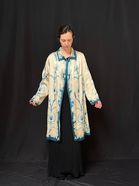 Art Deco Silk Embroidered Coat with Peacock Feathers: C1910 Britain