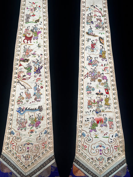 Pair Fine Silk Embroidered Hanging Panels: C19th China