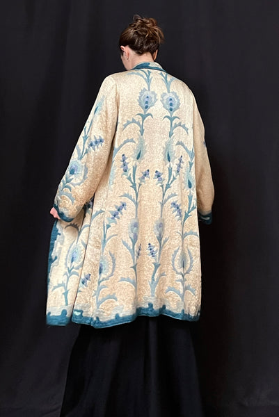 Art Deco Silk Embroidered Coat with Peacock Feathers: C1910 Britain