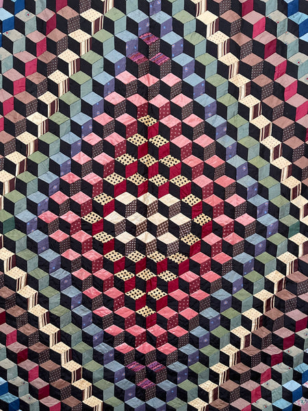 Antique Handmade Tumbling Blocks Silk Patchwork Quilt made with Cravat & Scarf Silks: C1910/20 Britain
