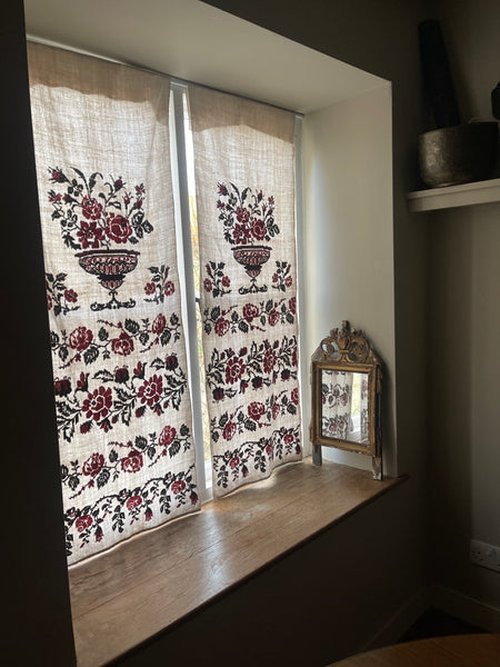 Antique Traditional Hand Embroidered Folk Art Curtain Panels with Urns and Roses: C19th Ukraine