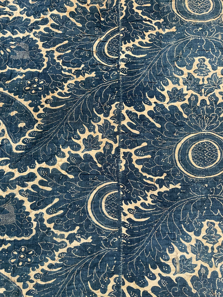 Antique Block Print Resist Dyed Quilted Toile de Rouen French Indigo: C 18th France