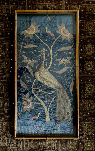 Antique Zardozi Embroidery Peacock & Tree of Life in Original Frame: C1900 India for export