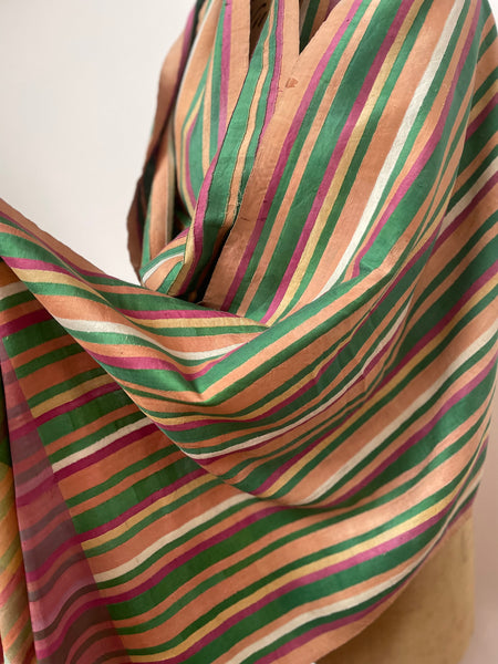 Antique Handwoven Silk Shawl Collectable Wrap Striped Silk Stole Dupatta: C20th Northern India