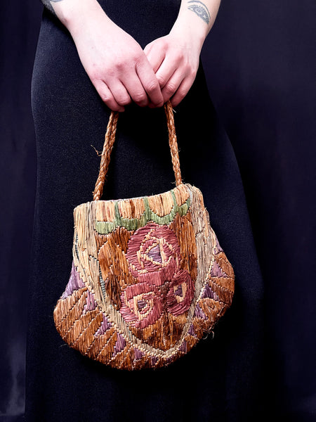 Arts & Crafts Raffia Embroidered Bag with Roses: C1910/20 Britain