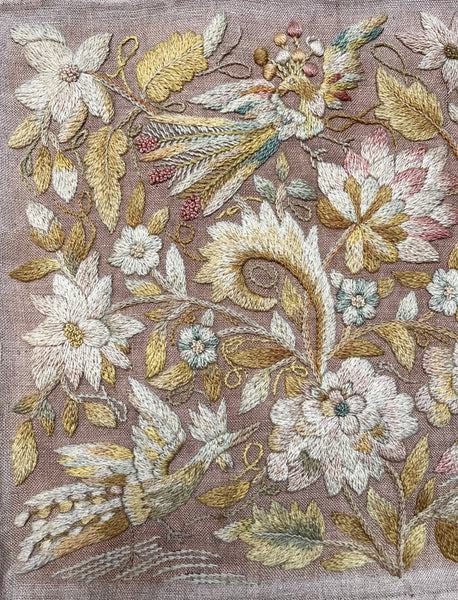 Antique Georgian Crewelwork Embroidery with Birds and Florals: C1700s England