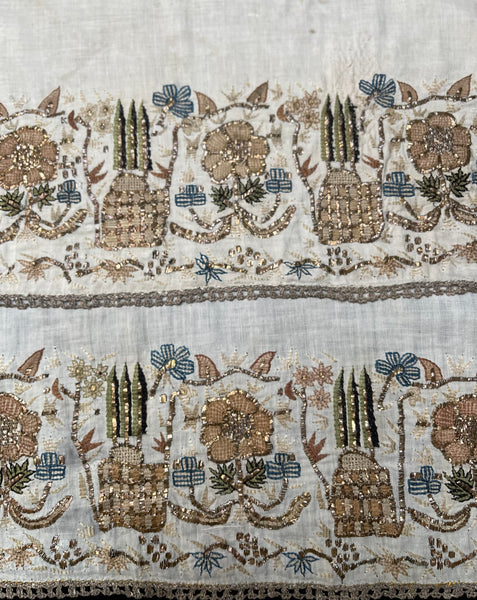 Pair Antique Ottoman Embroideries Silk and Metal Thread With Architectural & Garden Elements: C19th Turkey