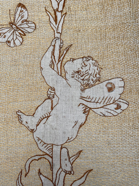 Antique Art Nouveau Silk Embroidery with Cupid & Lily in the manner of Walter Crane: C1900 England