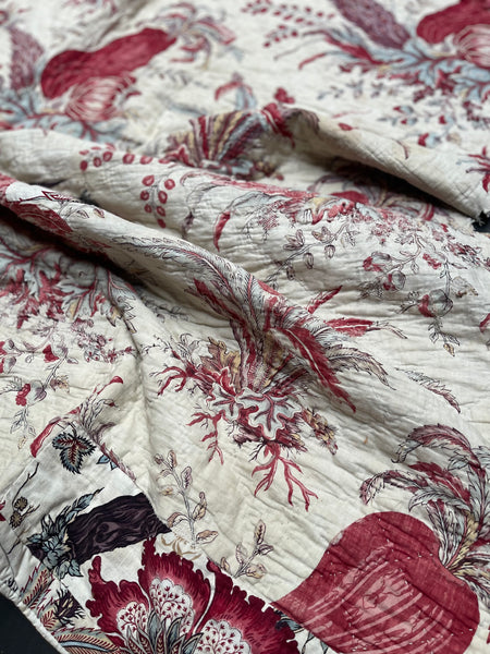 Rare Antique Indiennes Block Print Quilted Panel with Exotic Fruit and Foliage: C18th France