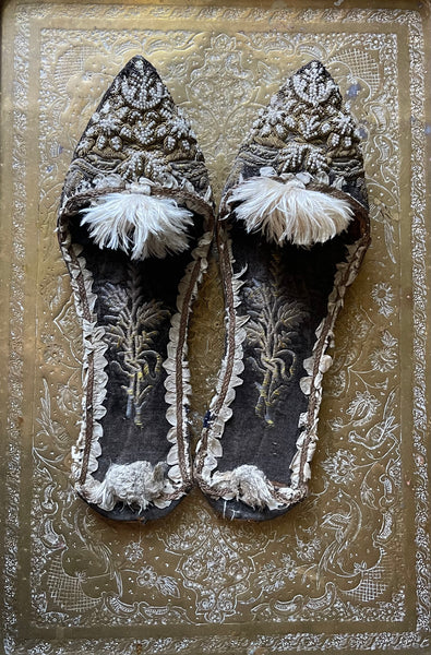 Antique Ottoman Slippers with Gold Gilt Embroidery & Seed Pearls: C19th Turkey
