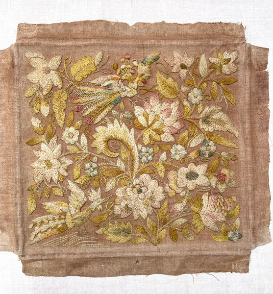 Antique Georgian Crewelwork Embroidery with Birds and Florals: C1700s England