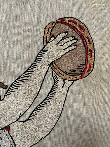 Antique Embroidered Wallhanging with Dancing Figure: C1910 France