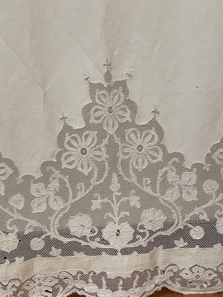 A Pair of Art Nouveau Cutwork and Embroidered Chateau Window Curtain Panels: C1900 France