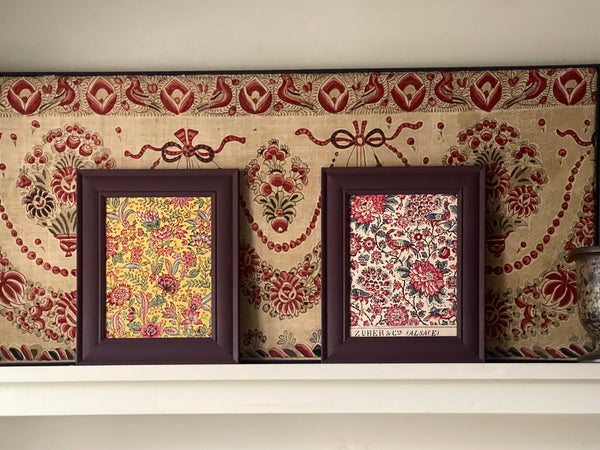 Antique Framed Block Print Hand Painted Wallpaper Samples: C19th Alsace, France