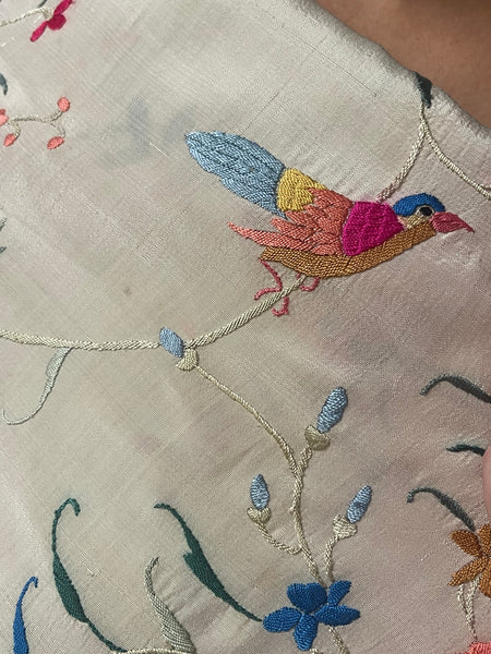 Silk Embroidered Shawl with Flowers Birds Butterflies: C1920 Canton China for export