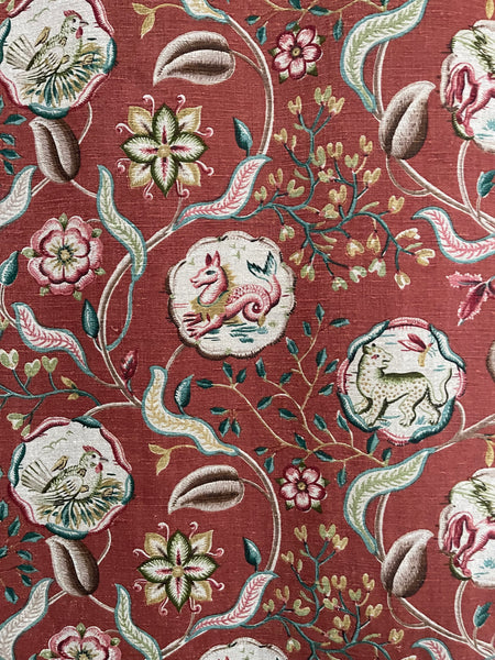 Antique Jacobean Revival Printed Linen with Mythical Animals Yardage Interior Decor Upholstery: C20th Britain