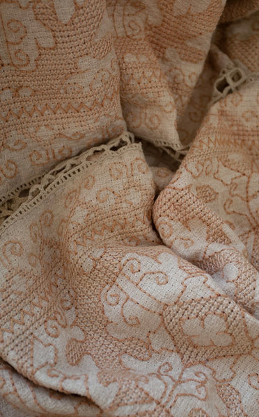 Antique Hand Embroidered Assisi Work Cover Pink White Throw Interior Decor Early 20th Century. 225 x 185cm