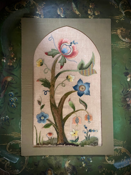 Arts and Crafts Tree of Life Embroidery Jacobean Revival Antique Crewelwork: C1920 Britain