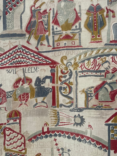 Antique Printed Linen Wallhanging Inspired by Bayeux Tapestry: C1920s Britain